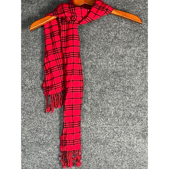 Five Four Los Angeles Red Black Plaid Mens Scarf Fringe - Picture 1 of 6